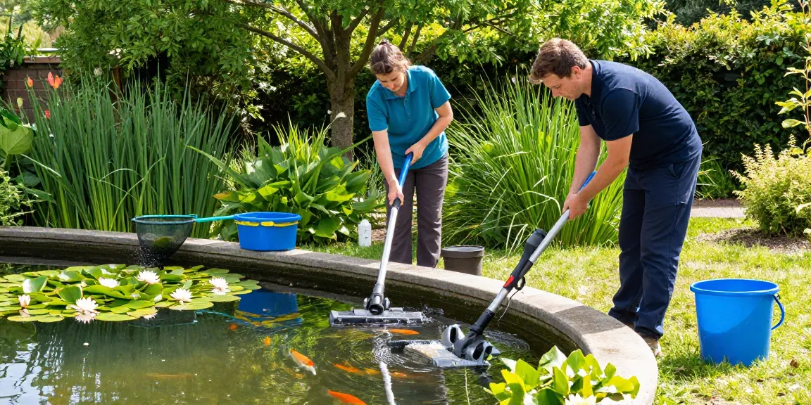 Pond Clean Surrey team servicing a garden pond, ensuring aquatic health and clarity.