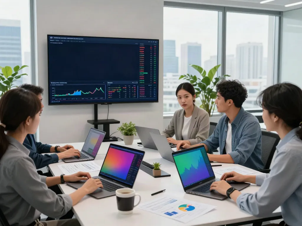 Collaborative trading session with the tradingview官网 platform in a vibrant office environment.