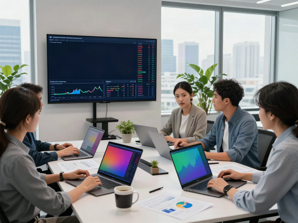 Collaborative trading session with the tradingview官网 platform in a vibrant office environment.