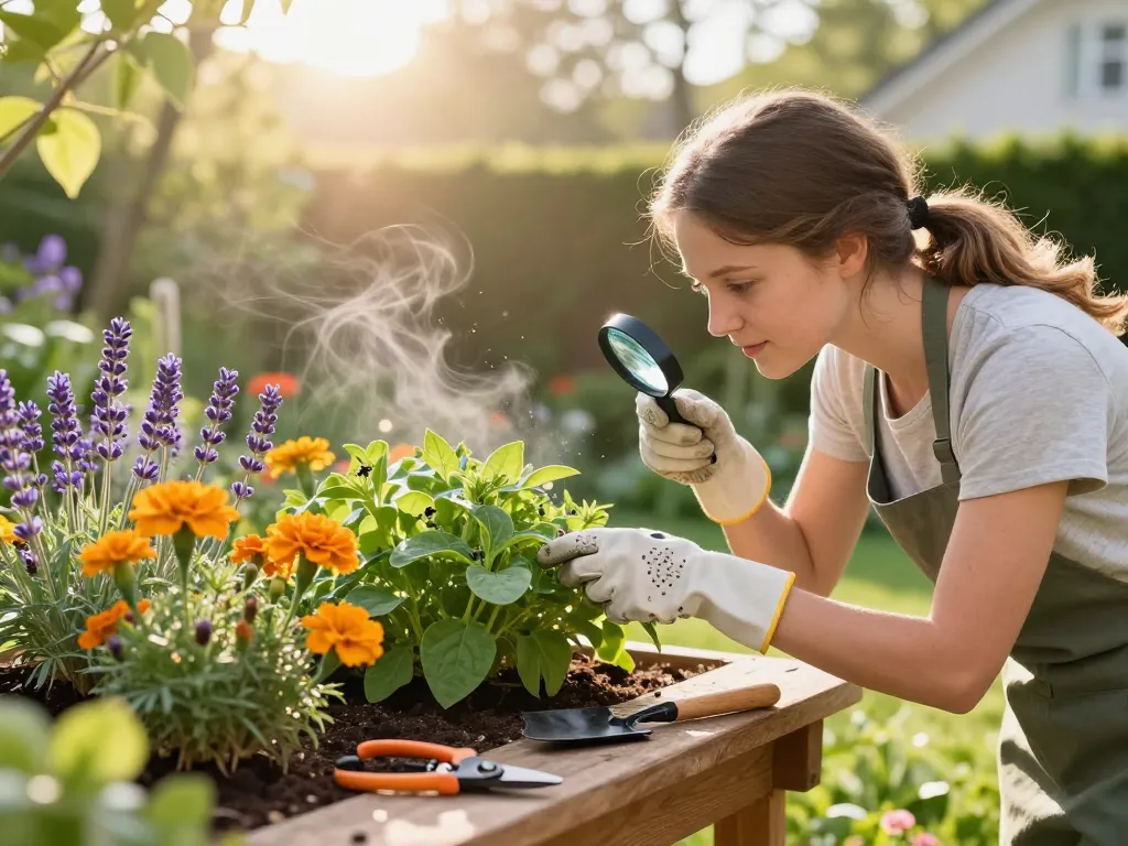 Pest prevention in a bright garden as a homeowner inspects plants for pests, promoting eco-friendly gardening.