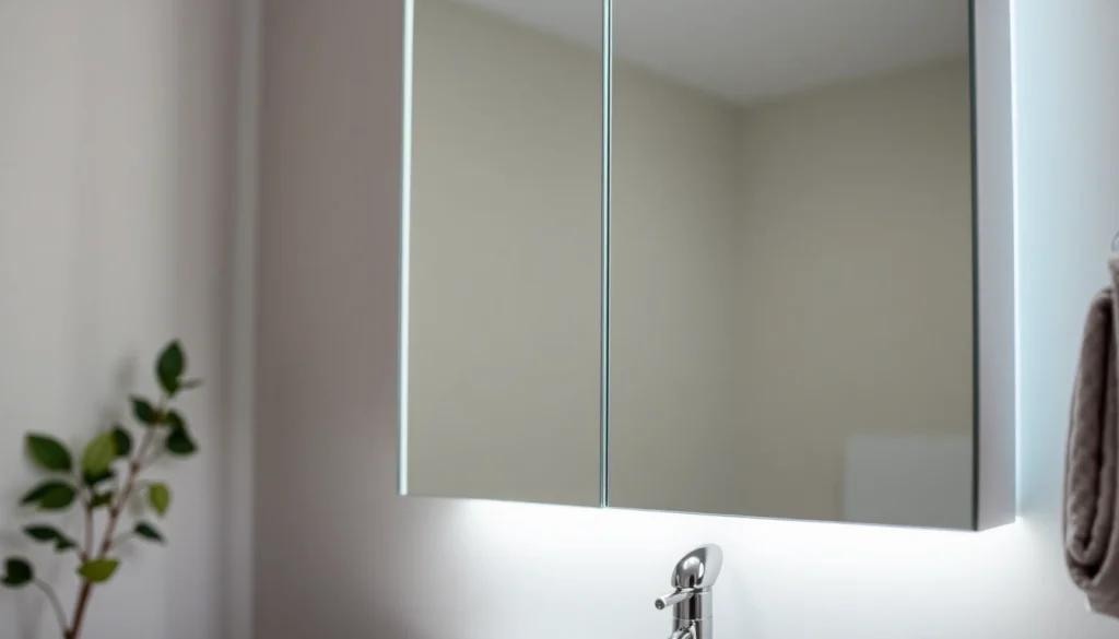 Spiegelschrank mit led Beleuchtung in modernem Badezimmer mit sanften Akzenten.