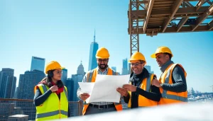 New York City General Contractor team collaborating on a skyscraper construction project.