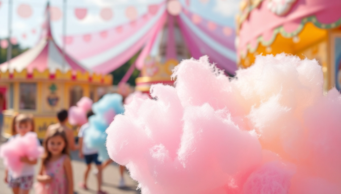 Proef de luchtige wafel katoen met kleurrijke suikerspin op een levendige kermis.