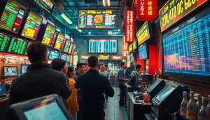 Engaging scene of sports betting in India with enthusiastic bettors analyzing odds in a vibrant betting shop.