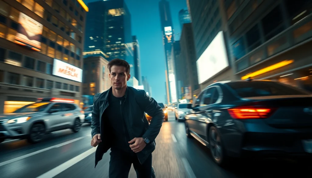 Engaging scene of a fast-paced thriller showcasing a thrilling night chase through a city.