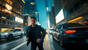 Engaging scene of a fast-paced thriller showcasing a thrilling night chase through a city.