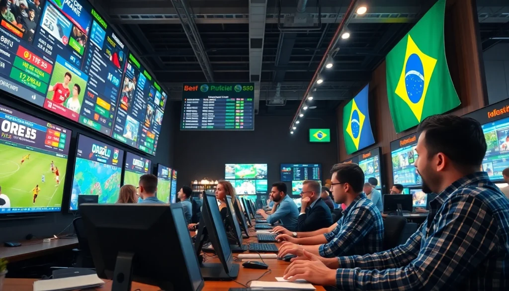 Engaged users exploring best sportsbooks in Brazil with a vibrant betting atmosphere.