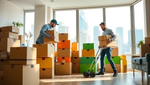 Efficient Toronto moving services featuring professionals packing bright boxes in a modern urban apartment.