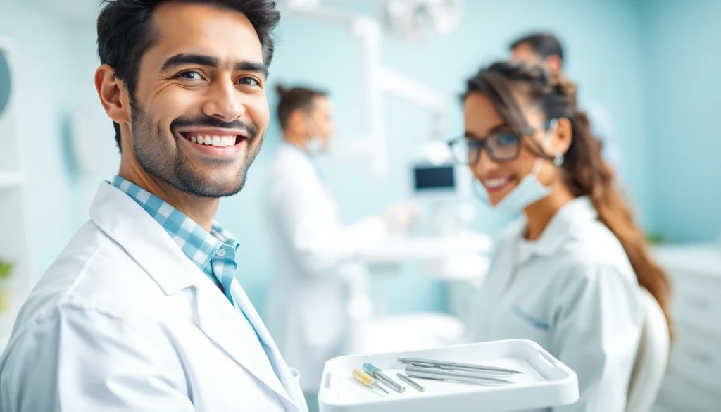 Dentist providing a friendly consultation in a modern clinic, showcasing a clean and professional environment.