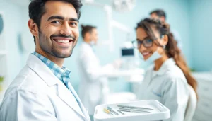 Dentist providing a friendly consultation in a modern clinic, showcasing a clean and professional environment.