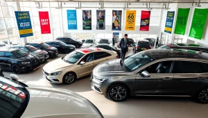 Buy a car in a vibrant dealership featuring diverse vehicles and happy customers.