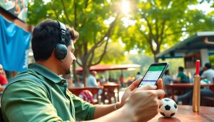 A lively scene of sports betting in India with a person using a smartphone and sports memorabilia.