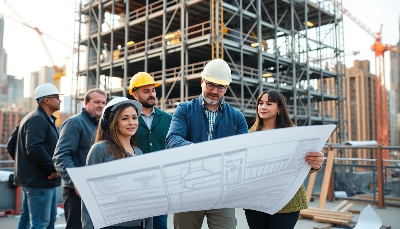 New York General Contractor overseeing a bustling construction site in New York City with diverse team collaboration.