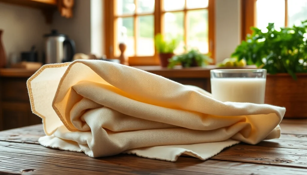 Gebruik van kaasdoek voor het maken van verse kaas, met een schitterende laken naast een glas melk.