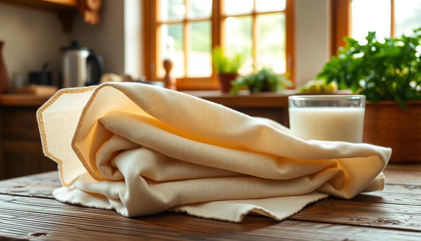 Gebruik van kaasdoek voor het maken van verse kaas, met een schitterende laken naast een glas melk.