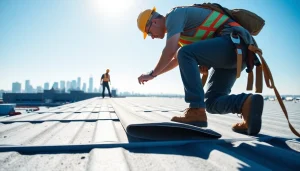 Showcasing commercial roofing services, roofers expertly applying materials on a flat roof.