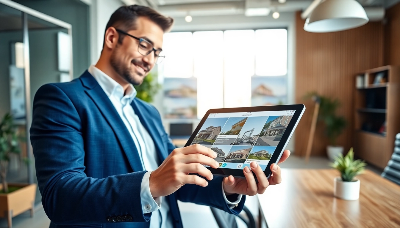 Engaging real estate agent showcasing property listings in a modern office setting.