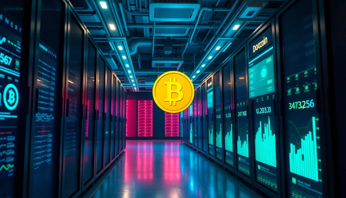 Dogecoin cloud mining setup in a modern data center with digital displays.