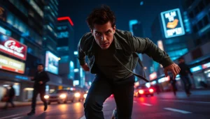 Protagonist in a fast-paced thriller chase through a vibrant cityscape at night.