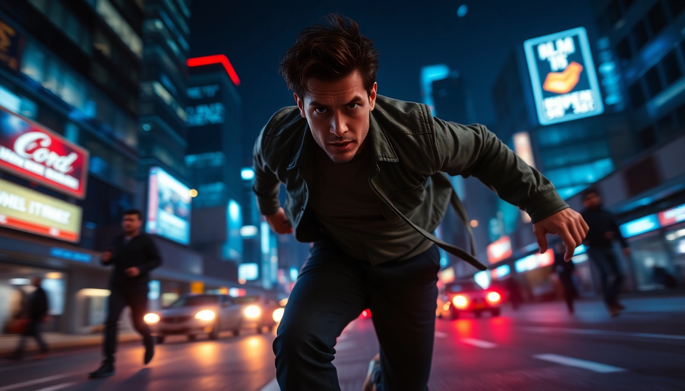 Protagonist in a fast-paced thriller chase through a vibrant cityscape at night.