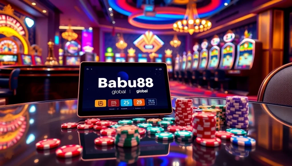 Babu88.global platform showcased in a luxurious casino scene with vibrant slot machines and roulette wheel.