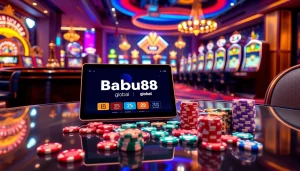 Babu88.global platform showcased in a luxurious casino scene with vibrant slot machines and roulette wheel.