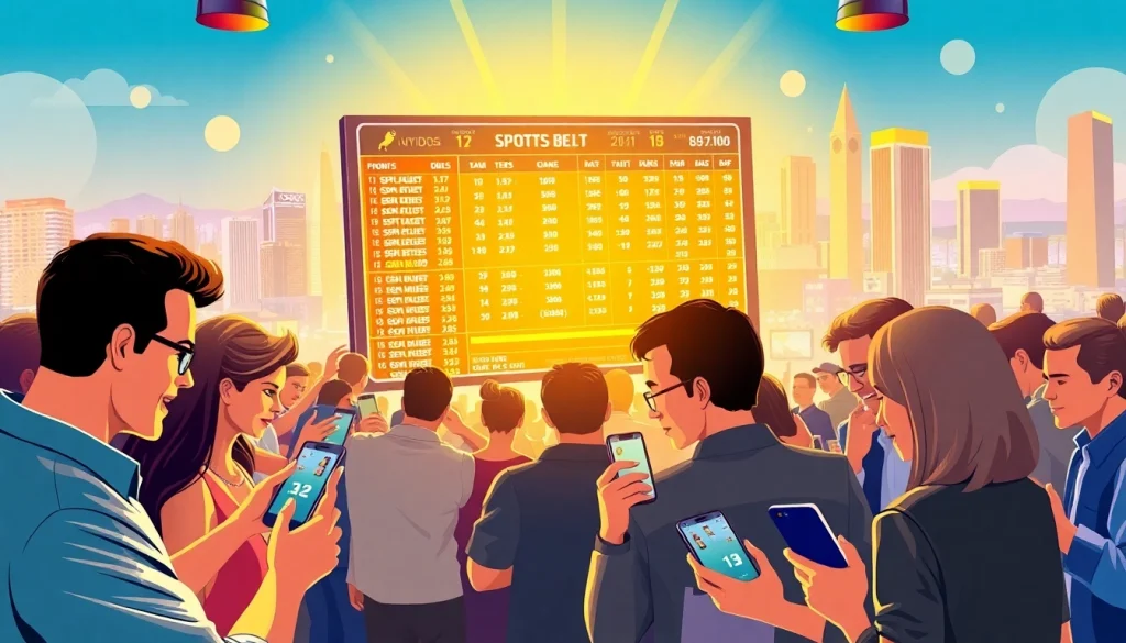 Engaging scene highlighting sportsbooks in California with enthusiastic bettors interacting with devices.