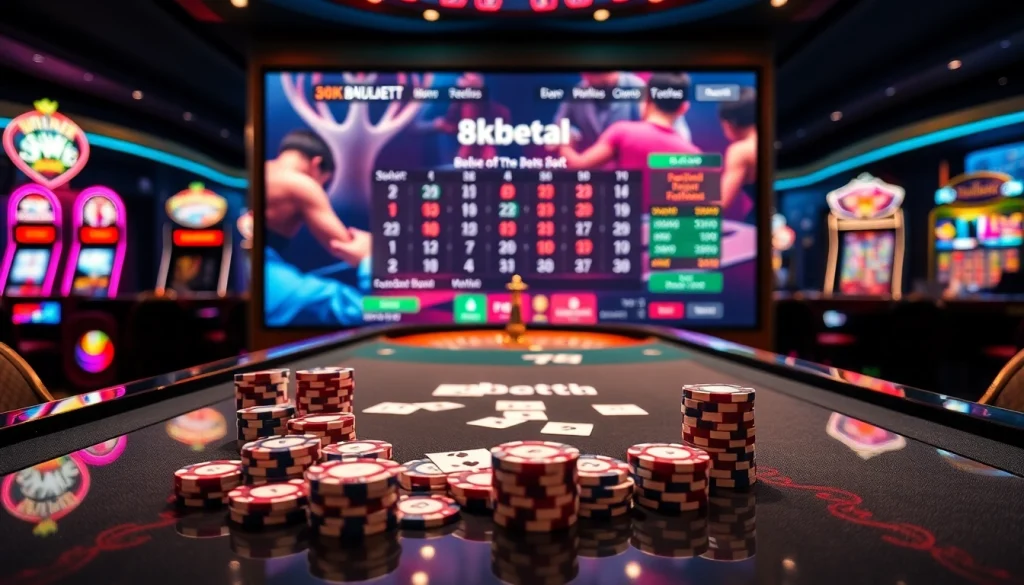 Experience thrilling games and professional betting at https://8kbetal.com/ with poker chips and vibrant casino tables.
