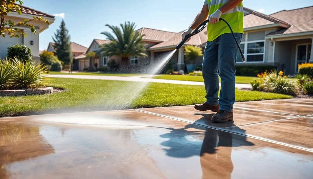 Concrete cleaning in action as a technician pressure washes a stained driveway, highlighting professional service.