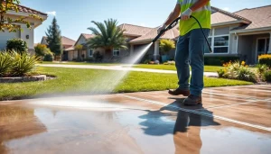 Concrete cleaning in action as a technician pressure washes a stained driveway, highlighting professional service.