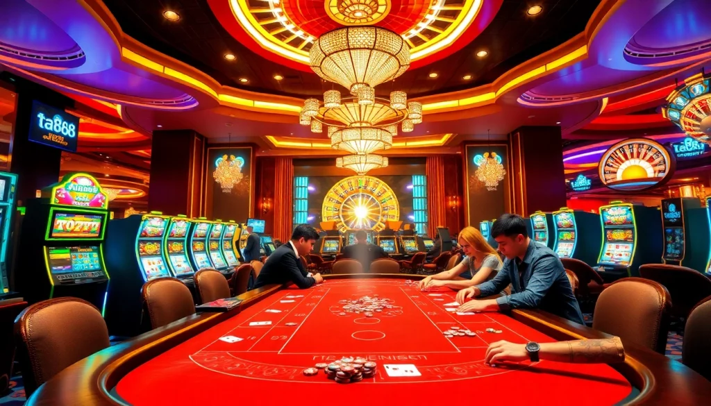 Players enjoying a thrilling game at ta88 com casino, featuring poker tables and slot machines.