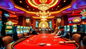 Players enjoying a thrilling game at ta88 com casino, featuring poker tables and slot machines.