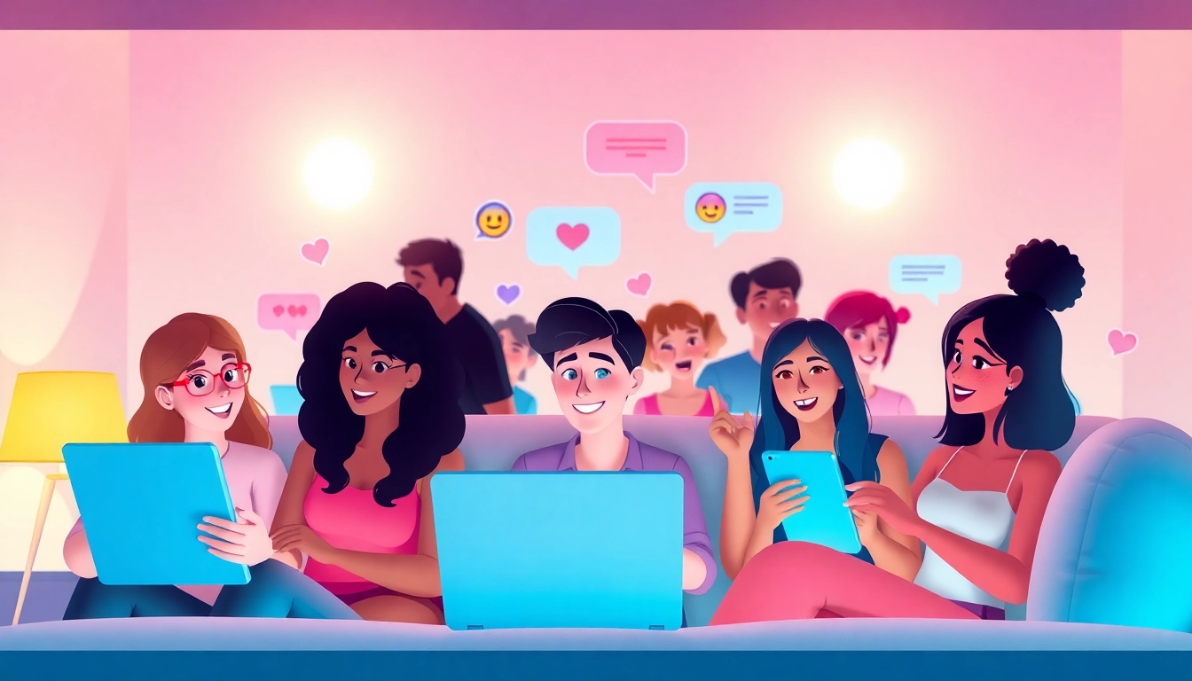 Vibrant scene of users engaging in lively sex chat conversations online, showcasing fun interactions and colorful chat visuals.
