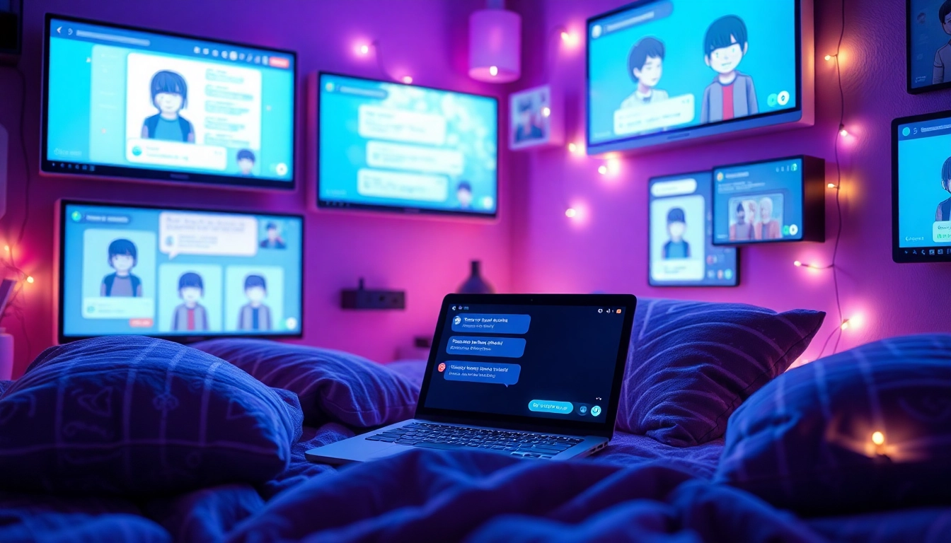 Captivating sexting AI chat space with digital chat interfaces and cozy ambiance.