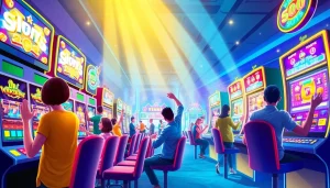 Situs kode4d players enjoying an exciting online gaming experience with vibrant slot machines and a lively atmosphere.