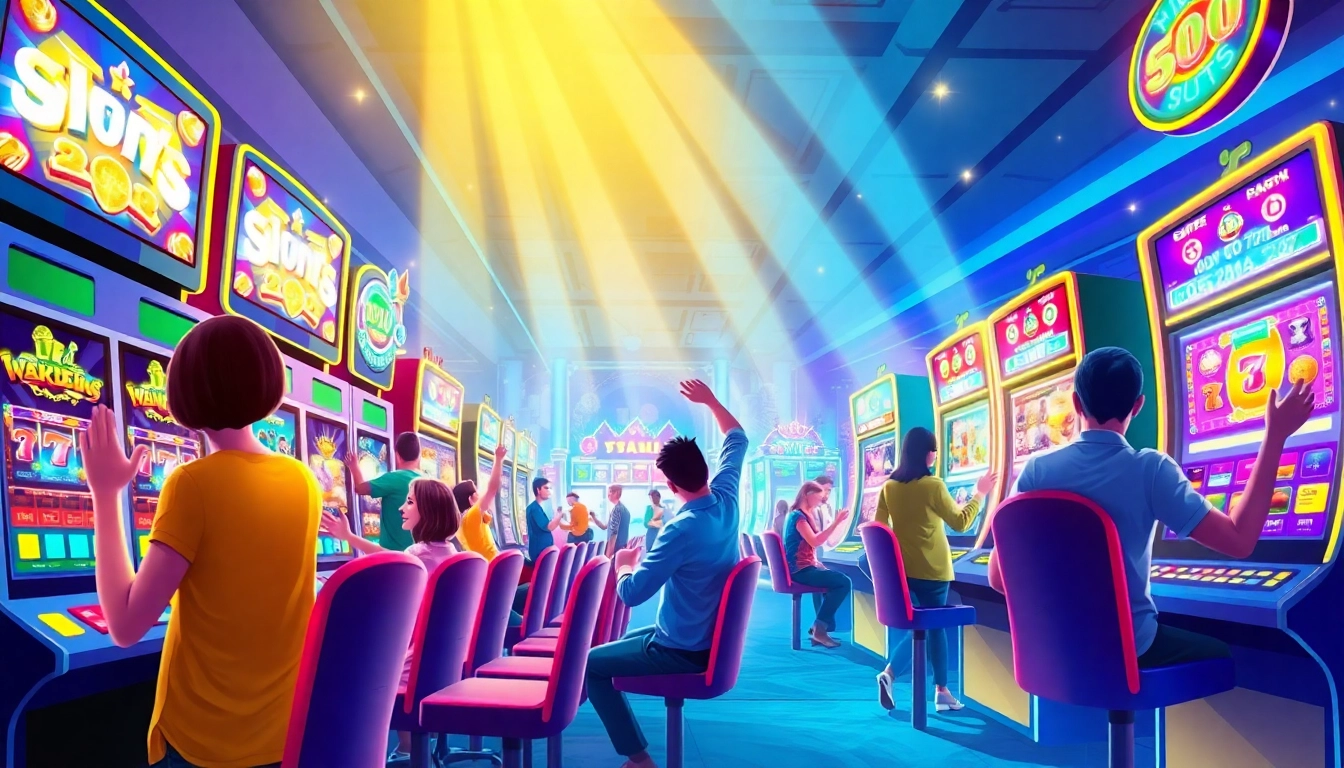 Situs kode4d players enjoying an exciting online gaming experience with vibrant slot machines and a lively atmosphere.