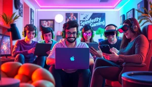 Online gaming examples featuring diverse players with laptops and tablets in a vibrant atmosphere.