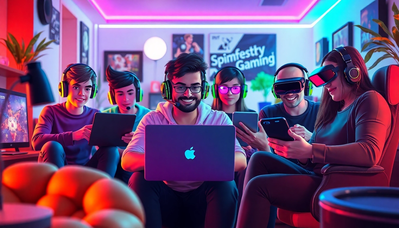 Online gaming examples featuring diverse players with laptops and tablets in a vibrant atmosphere.