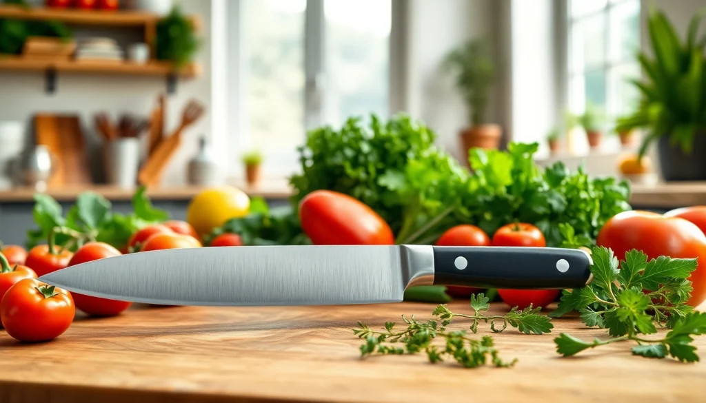 Learn how to choose a chef’s knife with this beautifully arranged chef's knife on a wooden board.