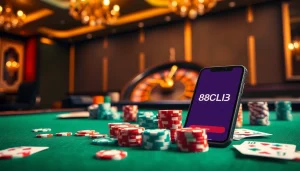 Engaging casino scene showcasing 88clb.courses with poker chips and mobile interface.