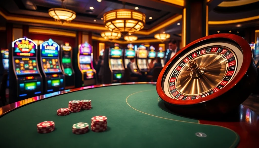 Excited players engage with idnslot gaming at a luxurious casino table surrounded by vibrant slot machines and roulette.