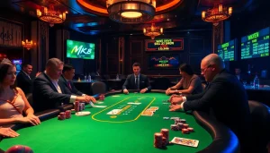 Engaged players at an MK8 poker table, showcasing thrilling betting strategies and a luxurious atmosphere.