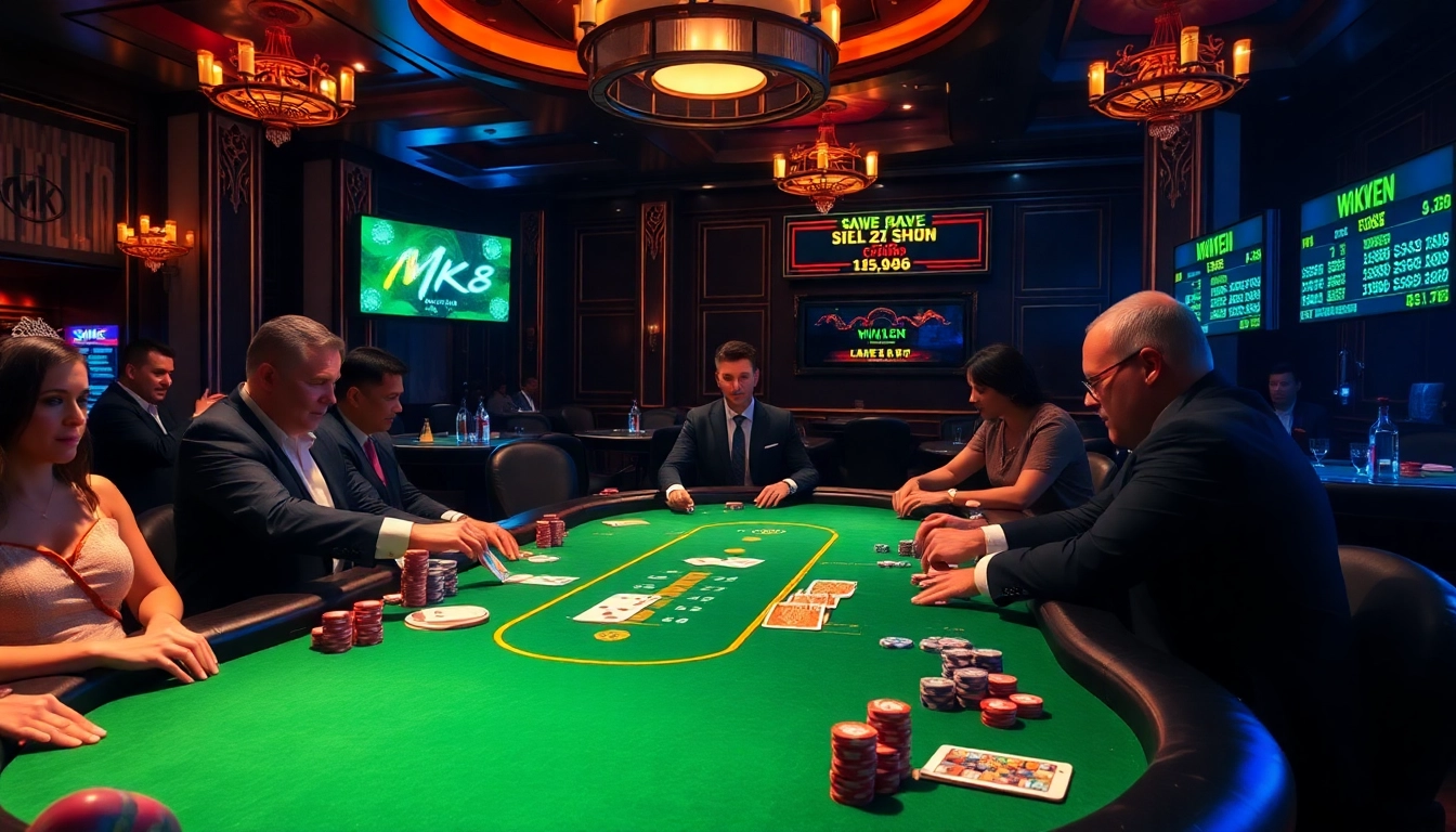 Engaged players at an MK8 poker table, showcasing thrilling betting strategies and a luxurious atmosphere.