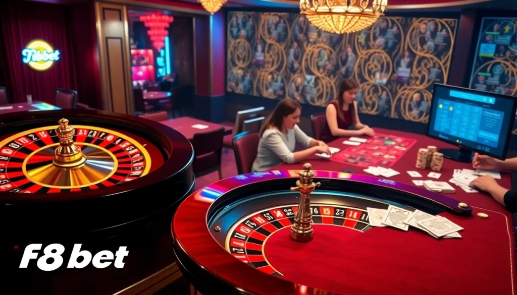 F8bet players enjoying a thrilling casino experience with poker tables and roulette wheels.