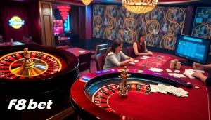 F8bet players enjoying a thrilling casino experience with poker tables and roulette wheels.