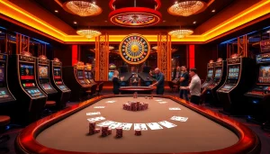 RR88 players enjoying an exciting table game atmosphere in a luxurious casino setting.