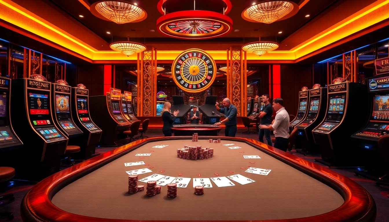 RR88 players enjoying an exciting table game atmosphere in a luxurious casino setting.