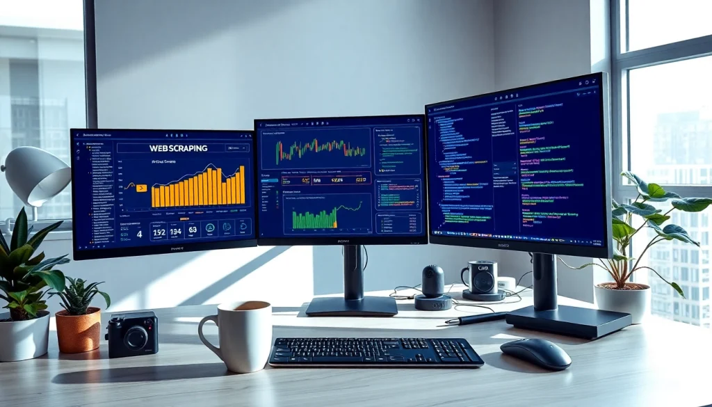 A workspace for web scrapping with analytics, code on screens, and a professional ambiance.