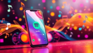 Spotify mod displayed on a smartphone with vibrant music-themed background.