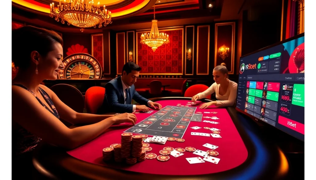 Experience the thrill of i9bet with engaged players at a luxurious poker table.